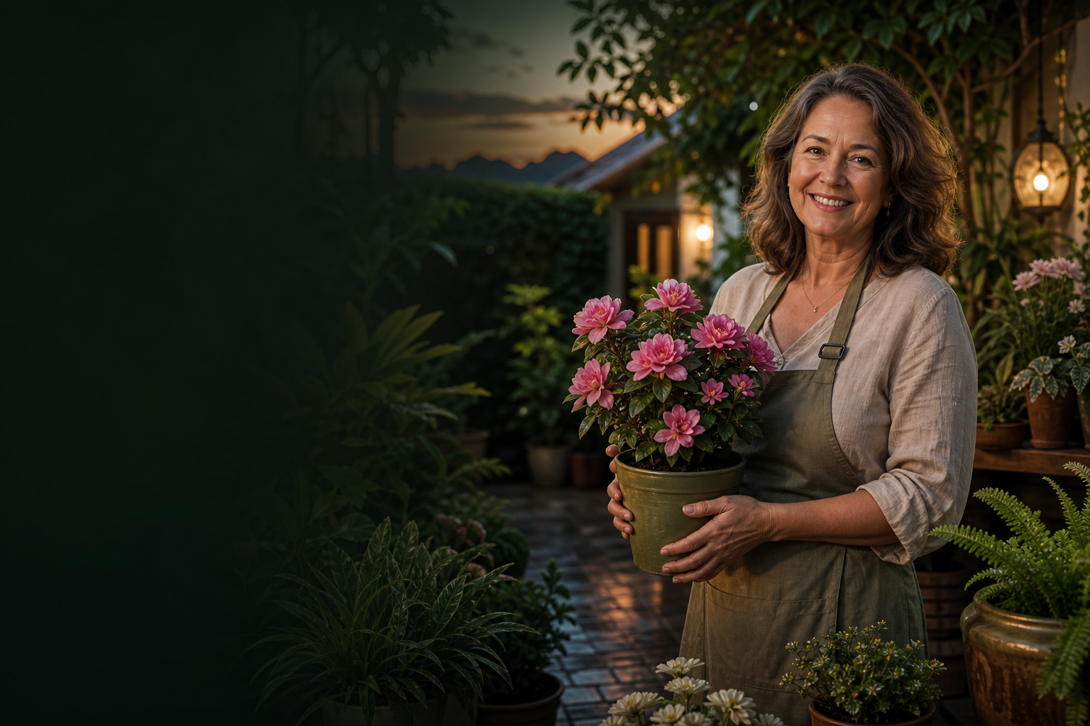jardim residencial elegante ao entardecer com vasos, folhagens verdes e flores saudáveis em ambiente sereno