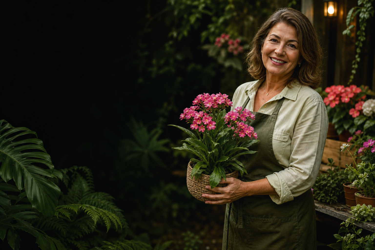 mulher madura elegante sorrindo no jardim de casa, segurando uma planta florida entre folhagens saudáveis e flores naturais
