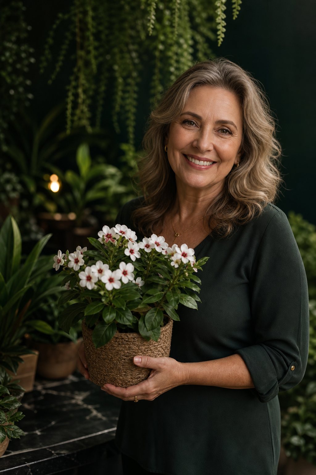 mulher madura entre 50 e 60 anos, elegante e natural, sorrindo com uma planta florida em um jardim residencial bonito